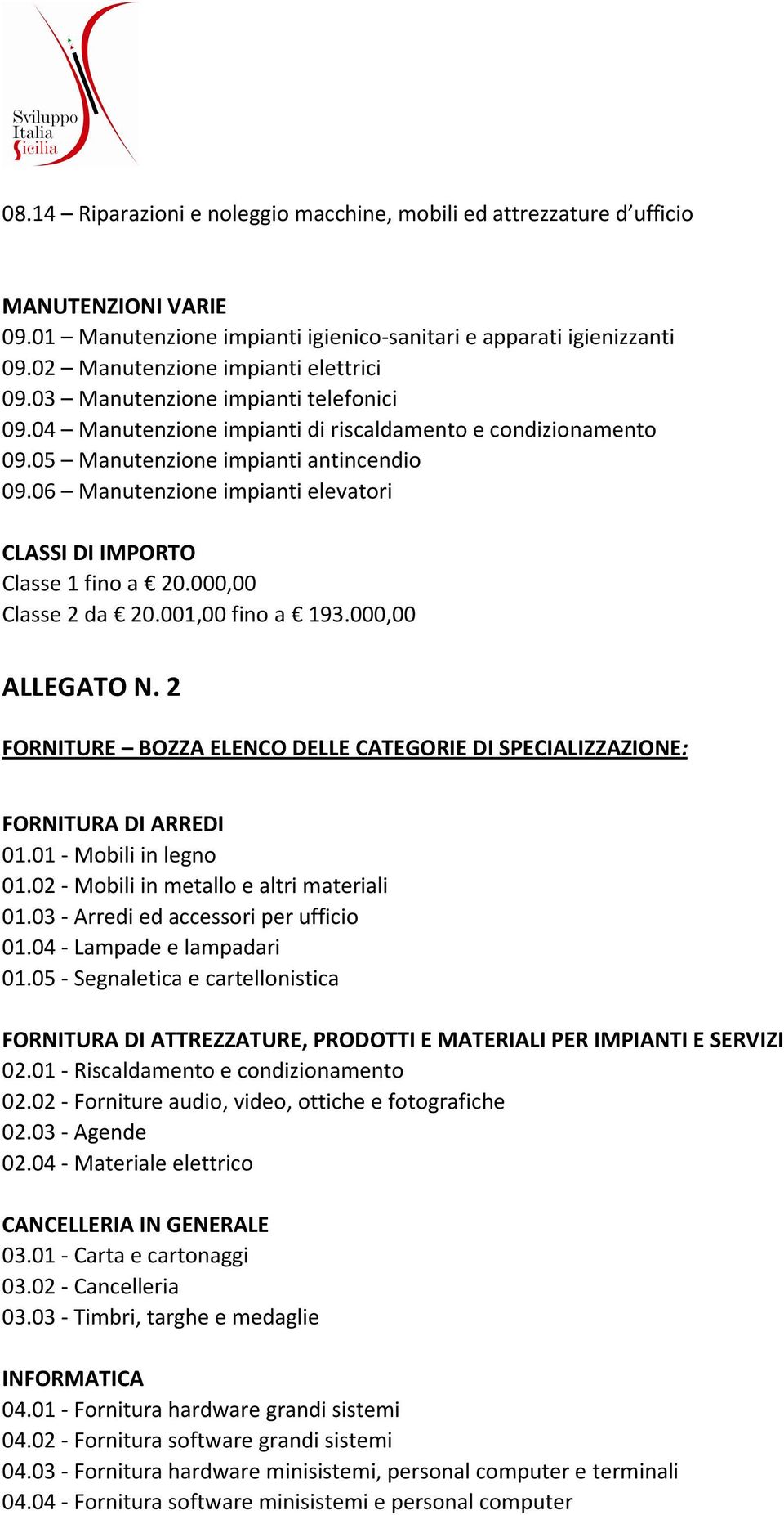 06 Manutenzione impianti elevatori CLASSI DI IMPORTO Classe 1 fino a 20.000,00 Classe 2 da 20.001,00 fino a 193.000,00 ALLEGATO N.