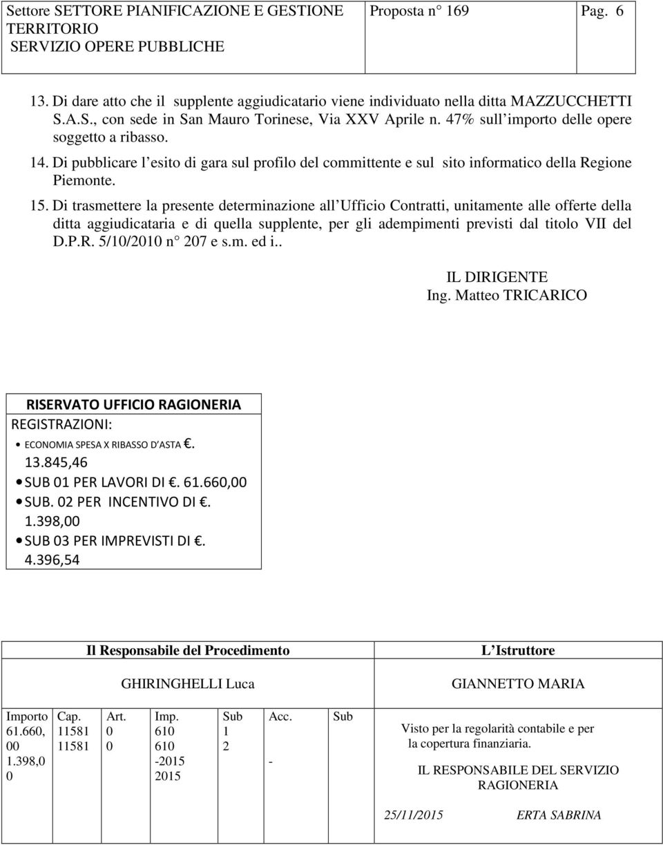 Di trasmettere la presente determinazione all Ufficio Contratti, unitamente alle offerte della ditta aggiudicataria e di quella supplente, per gli adempimenti previsti dal titolo VII del D.P.R.