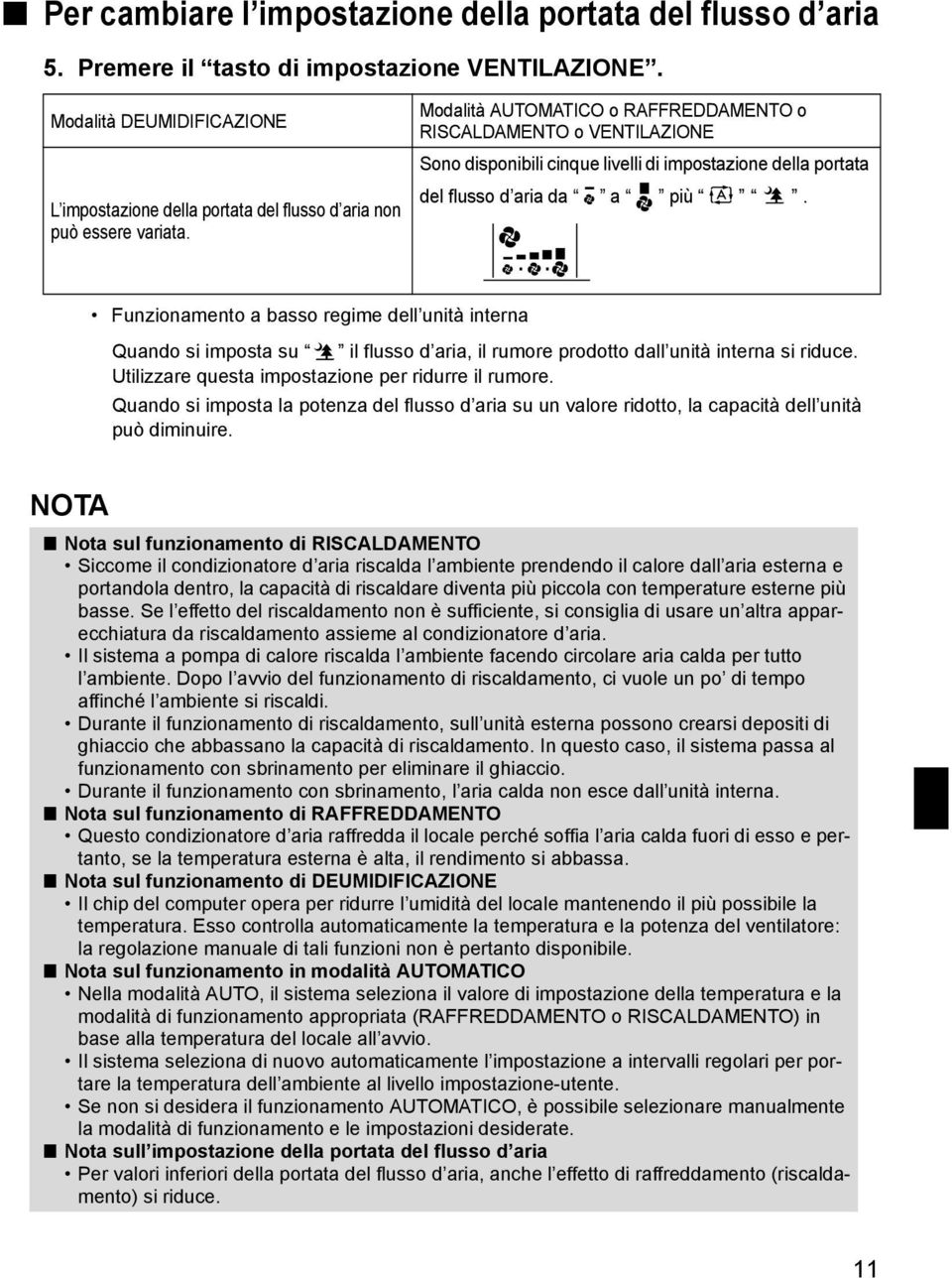 Modalità AUTOMATICO o RAFFREDDAMENTO o RISCALDAMENTO o VENTILAZIONE Sono disponibili cinque livelli di impostazione della portata del flusso d aria da a più.