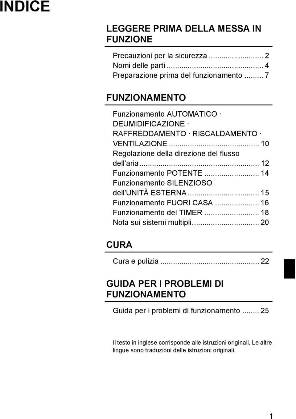 .. 12 Funzionamento POTENTE... 14 Funzionamento SILENZIOSO dell UNITÀ ESTERNA... 15 Funzionamento FUORI CASA... 16 Funzionamento del TIMER... 18 Nota sui sistemi multipli.