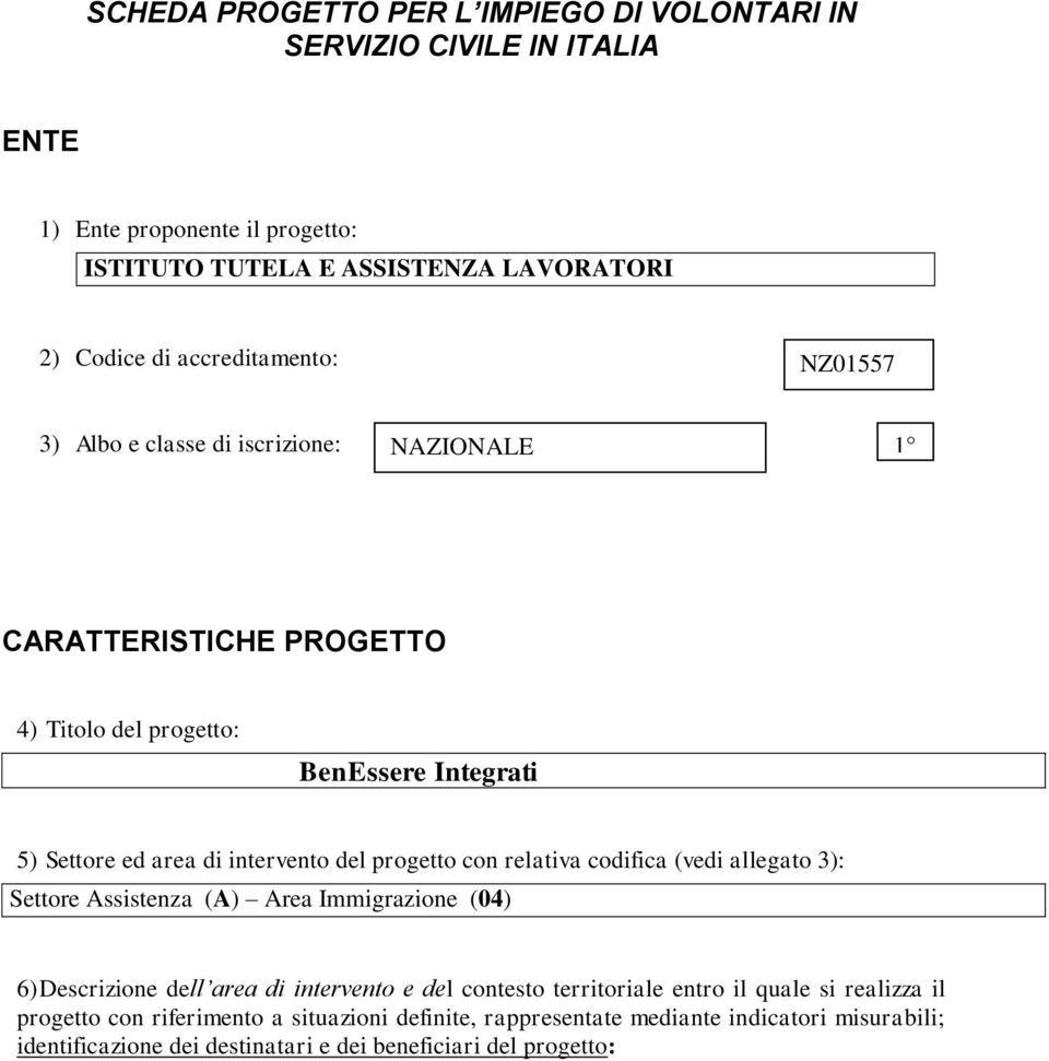 del progetto con relativa codifica (vedi allegato 3): Settore Assistenza (A) Area Immigrazione (04) 6) Descrizione dell area di intervento e del contesto territoriale