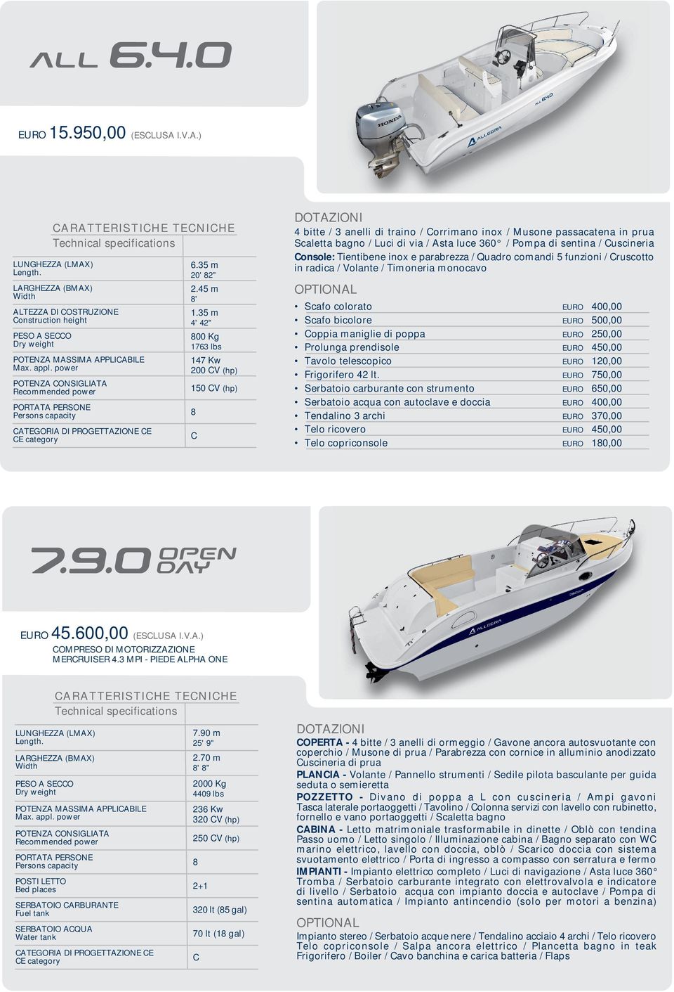 uscineria onsole: Tientibene inox e parabrezza / Quadro comandi 5 funzioni / ruscotto oppia maniglie di poppa EURO 250,00 Prolunga prendisole EURO 450,00 Frigorifero 42 lt. EURO 750,00 EURO 45.