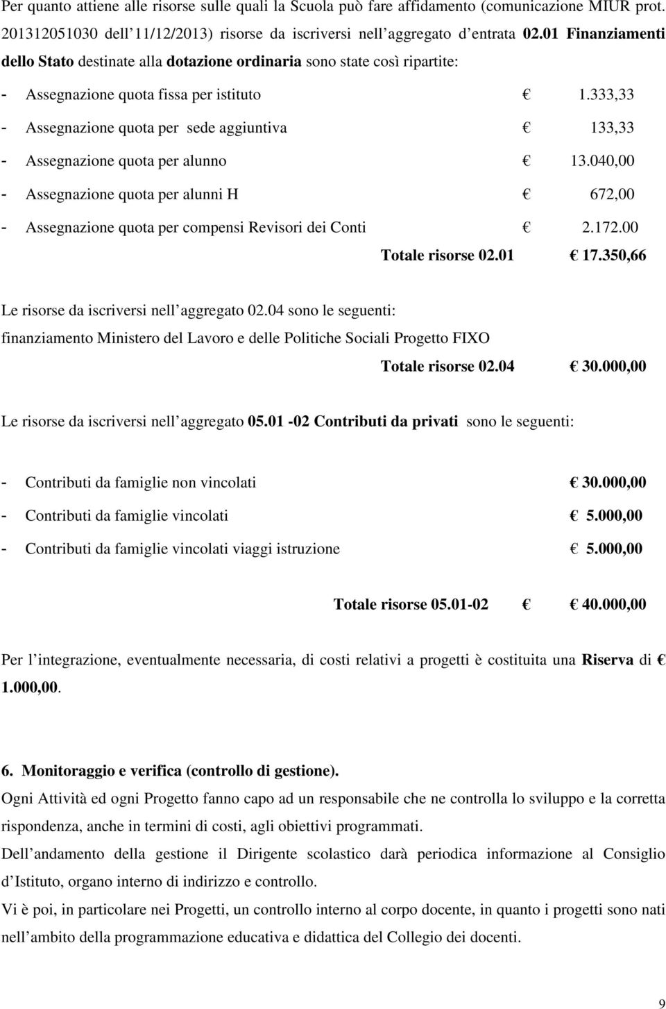 333,33 - Assegnazione quota per sede aggiuntiva 133,33 - Assegnazione quota per alunno 13.040,00 - Assegnazione quota per alunni H 672,00 - Assegnazione quota per compensi Revisori dei Conti 2.172.