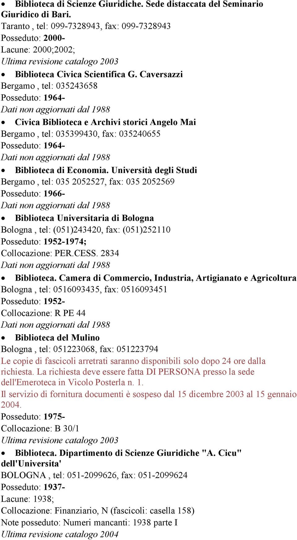 Università degli Studi Bergamo, tel: 035 2052527, fax: 035 2052569 Posseduto: 1966- Biblioteca Universitaria di Bologna Bologna, tel: (051)243420, fax: (051)252110 Posseduto: 1952-1974; Collocazione: