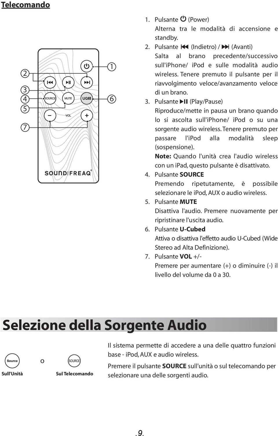 Pulsante (Play/Pause) Riproduce/mette in pausa un brano quando lo si ascolta sull'iphone/ ipod o su una sorgente audio wireless. Tenere premuto per passare l'ipod alla modalità sleep (sospensione).