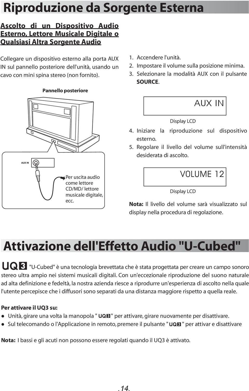 Selezionare la modalità AUX con il pulsante SOURCE. AUX IN Display LCD 4. Iniziare la riproduzione sul dispositivo esterno. 5. Regolare il livello del volume sull'intensità desiderata di ascolto.