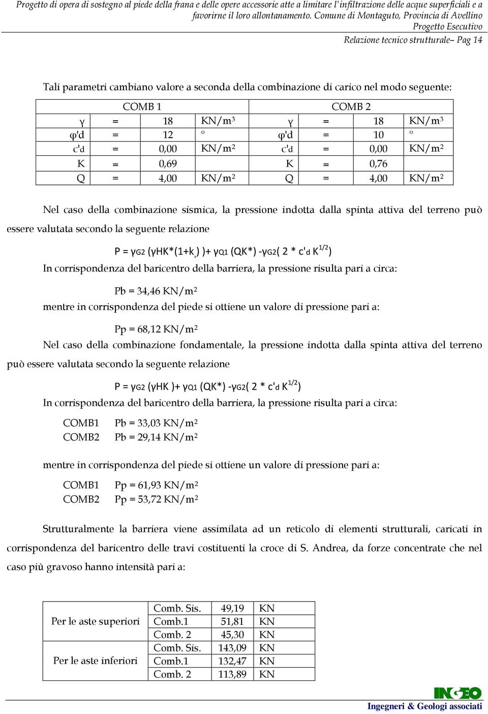 seguente relazione P = γg2 (γhk*(1+k v ) )+ γq1 (QK*) -γg2( 2 * c'd K 1/2 ) In corrispondenza del baricentro della barriera, la pressione risulta pari a circa: Pb = 34,46 KN/m 2 mentre in