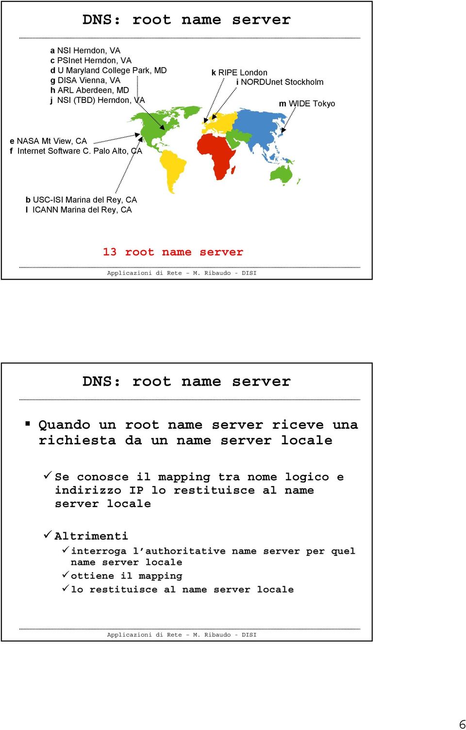 Palo Alto, CA b USC-ISI Marina del Rey, CA l ICANN Marina del Rey, CA 13 root name server DNS: root name server Quando un root name server riceve una richiesta da