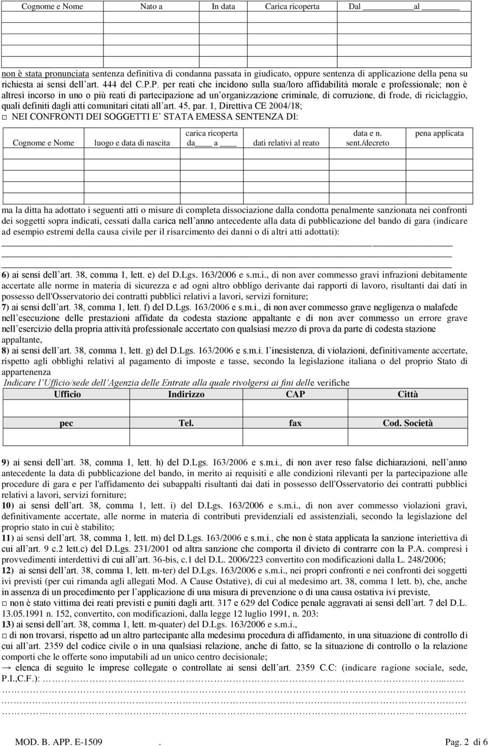 P. per reati che incidono sulla sua/loro affidabilità morale e professionale; non è altresì incorso in uno o più reati di partecipazione ad un organizzazione criminale, di corruzione, di frode, di