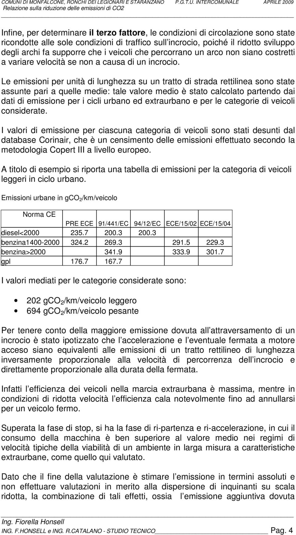 Le emissioni per unità di lunghezza su un tratto di strada rettilinea sono state assunte pari a quelle medie: tale valore medio è stato calcolato partendo dai dati di emissione per i cicli urbano ed