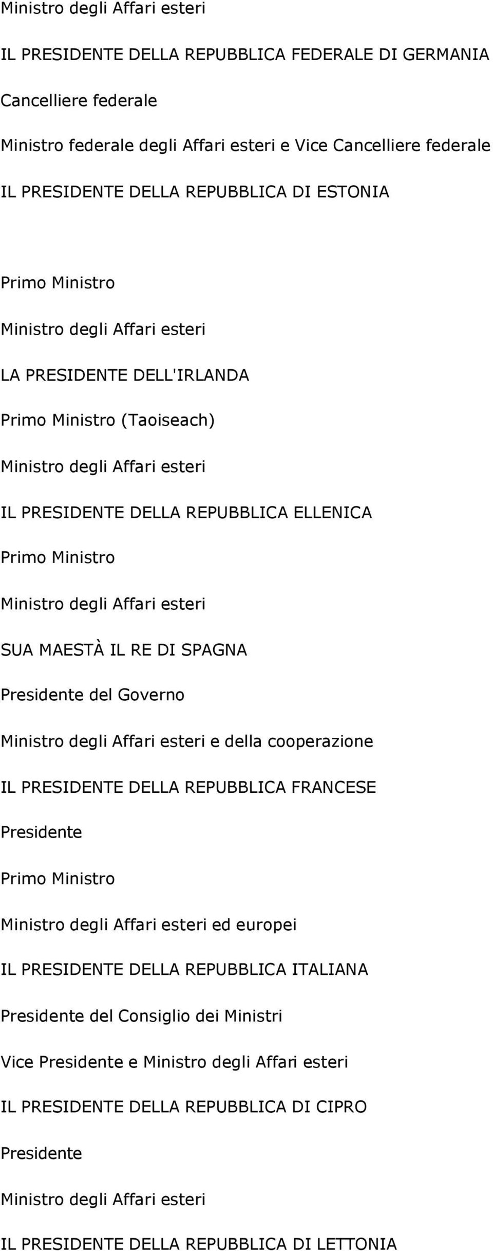 Ministro degli Affari esteri SUA MAESTÀ IL RE DI SPAGNA Presidente del Governo Ministro degli Affari esteri e della cooperazione IL PRESIDENTE DELLA REPUBBLICA FRANCESE Presidente Primo Ministro