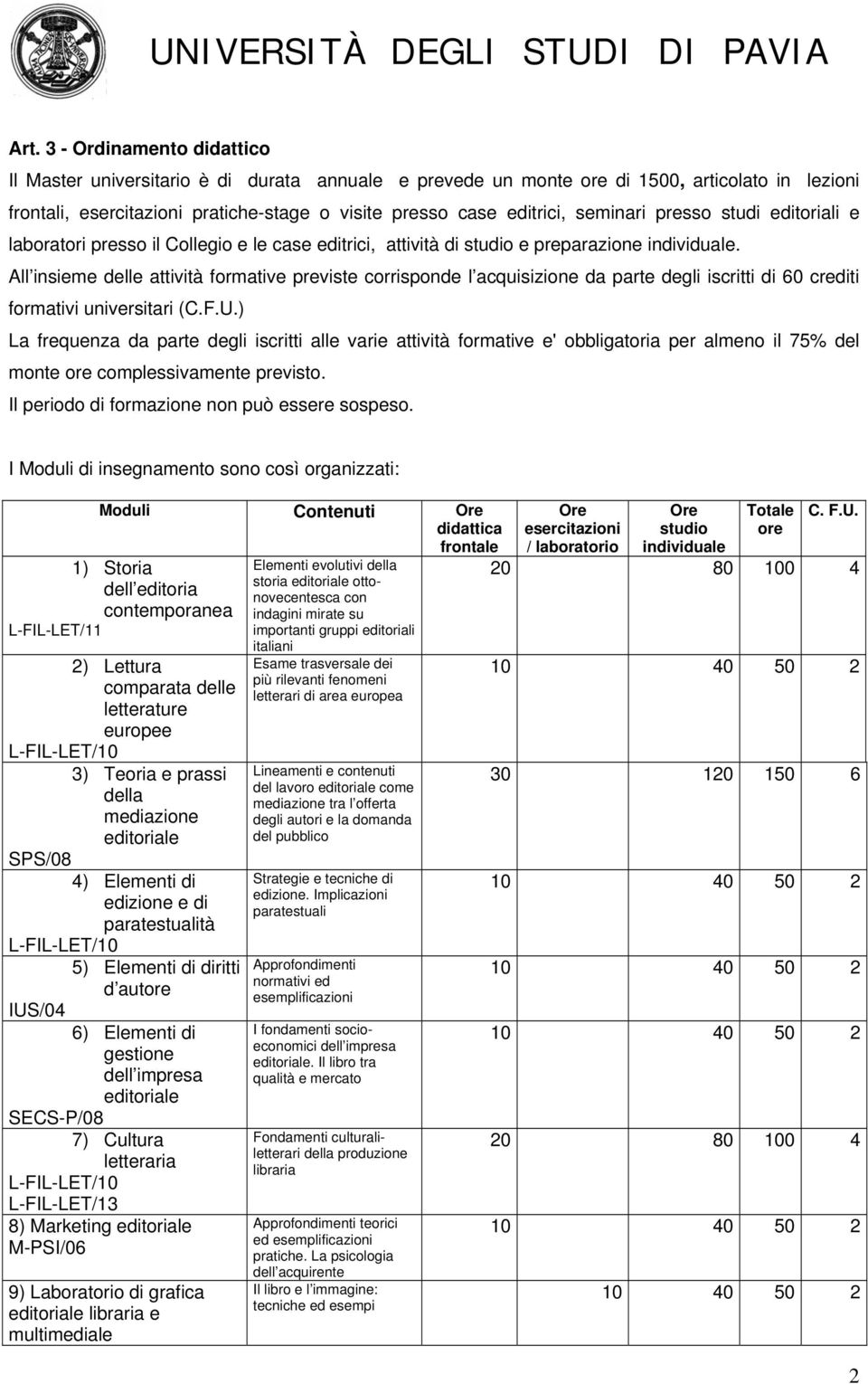 All insieme delle attività formative previste corrisponde l acquisizione da parte degli iscritti di 60 crediti formativi universitari (C.F.U.