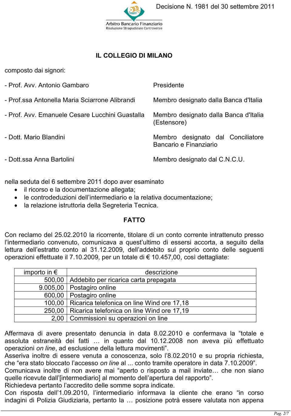 nella seduta del 6 settembre 2011 dopo aver esaminato il ricorso e la documentazione allegata; le controdeduzioni dell intermediario e la relativa documentazione; la relazione istruttoria della