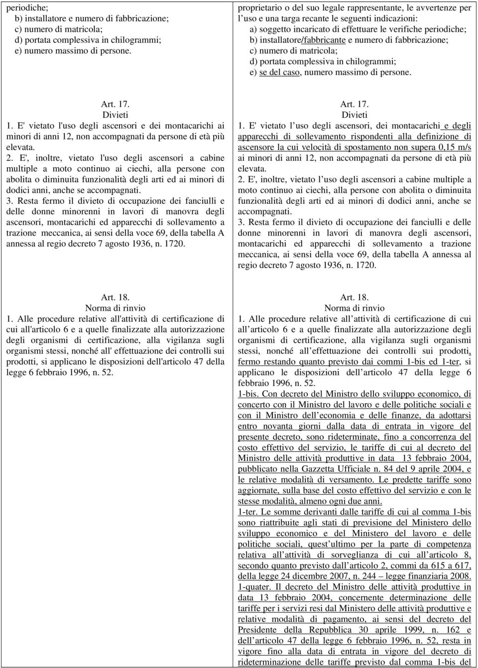 installatore/fabbricante e numero di fabbricazione; c) numero di matricola; d) portata complessiva in chilogrammi; e) se del caso, numero massimo di persone. Art. 17. Divieti 1.