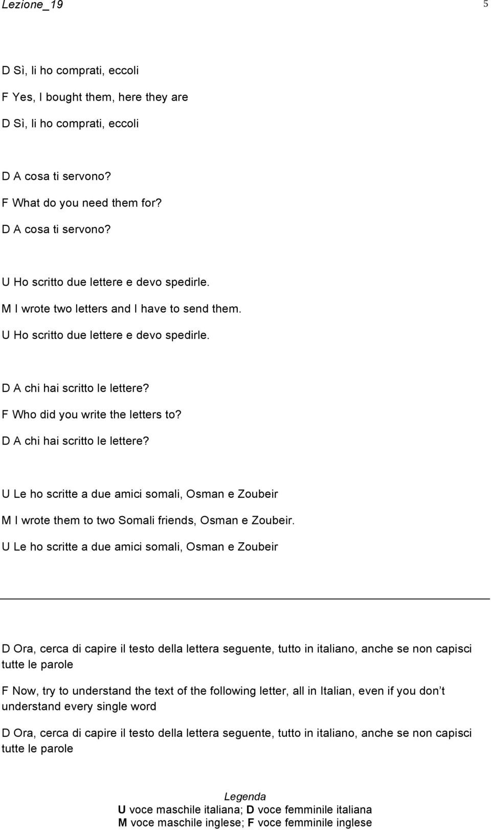 F Who did you write the letters to? D A chi hai scritto le lettere? U Le ho scritte a due amici somali, Osman e Zoubeir M I wrote them to two Somali friends, Osman e Zoubeir.