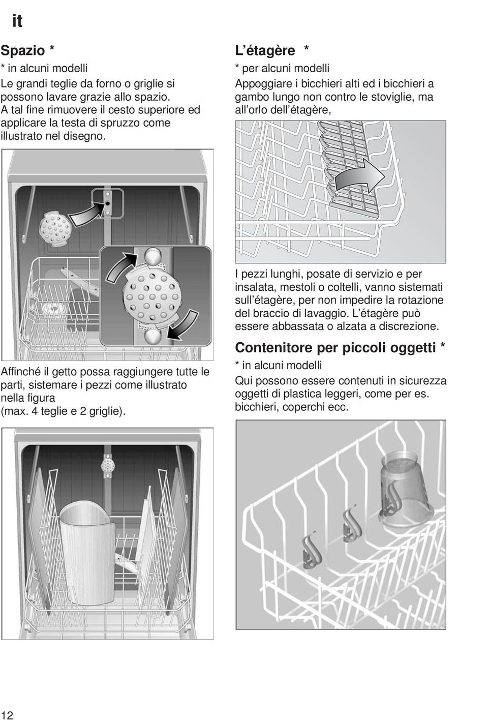 L étagère * * per alcuni modelli Appoggiare i bicchieri alti ed i bicchieri a gambo lungo non contro le stoviglie, ma all orlo dell étagère, Affinché il getto possa raggiungere tutte le parti,