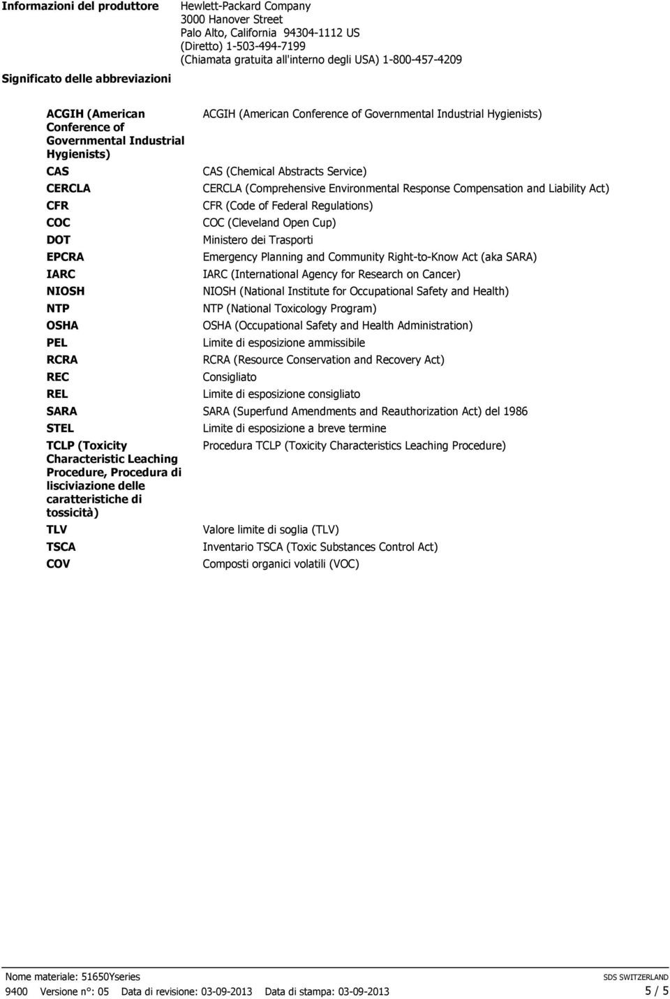 Leaching Procedure, Procedura di lisciviazione delle caratteristiche di tossicità) TLV TSCA COV ACGIH (American Conference of Governmental Industrial Hygienists) CAS (Chemical Abstracts Service)