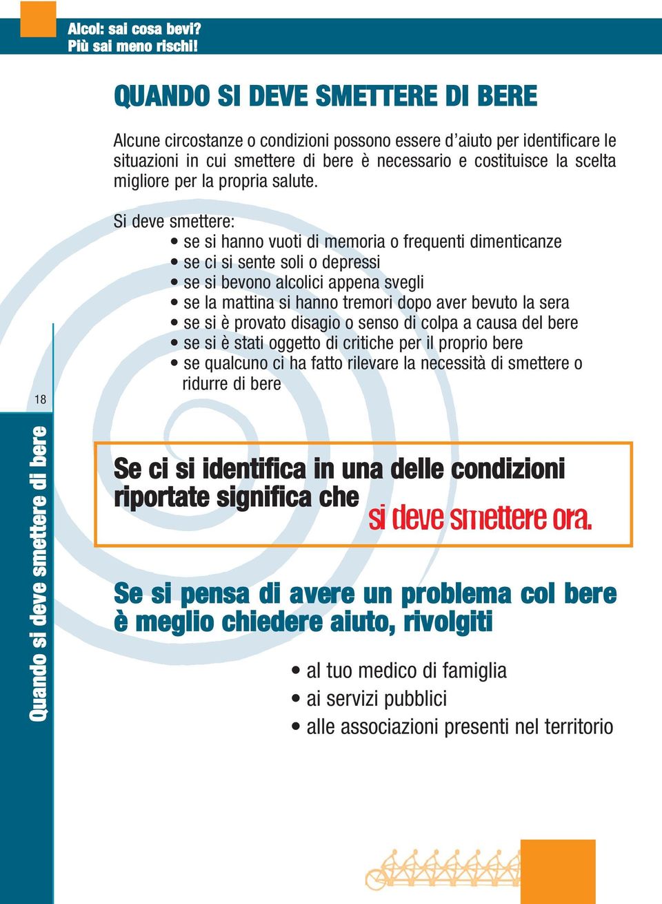 18 Si deve smettere: se si hanno vuoti di memoria o frequenti dimenticanze se ci si sente soli o depressi se si bevono alcolici appena svegli se la mattina si hanno tremori dopo aver bevuto la sera