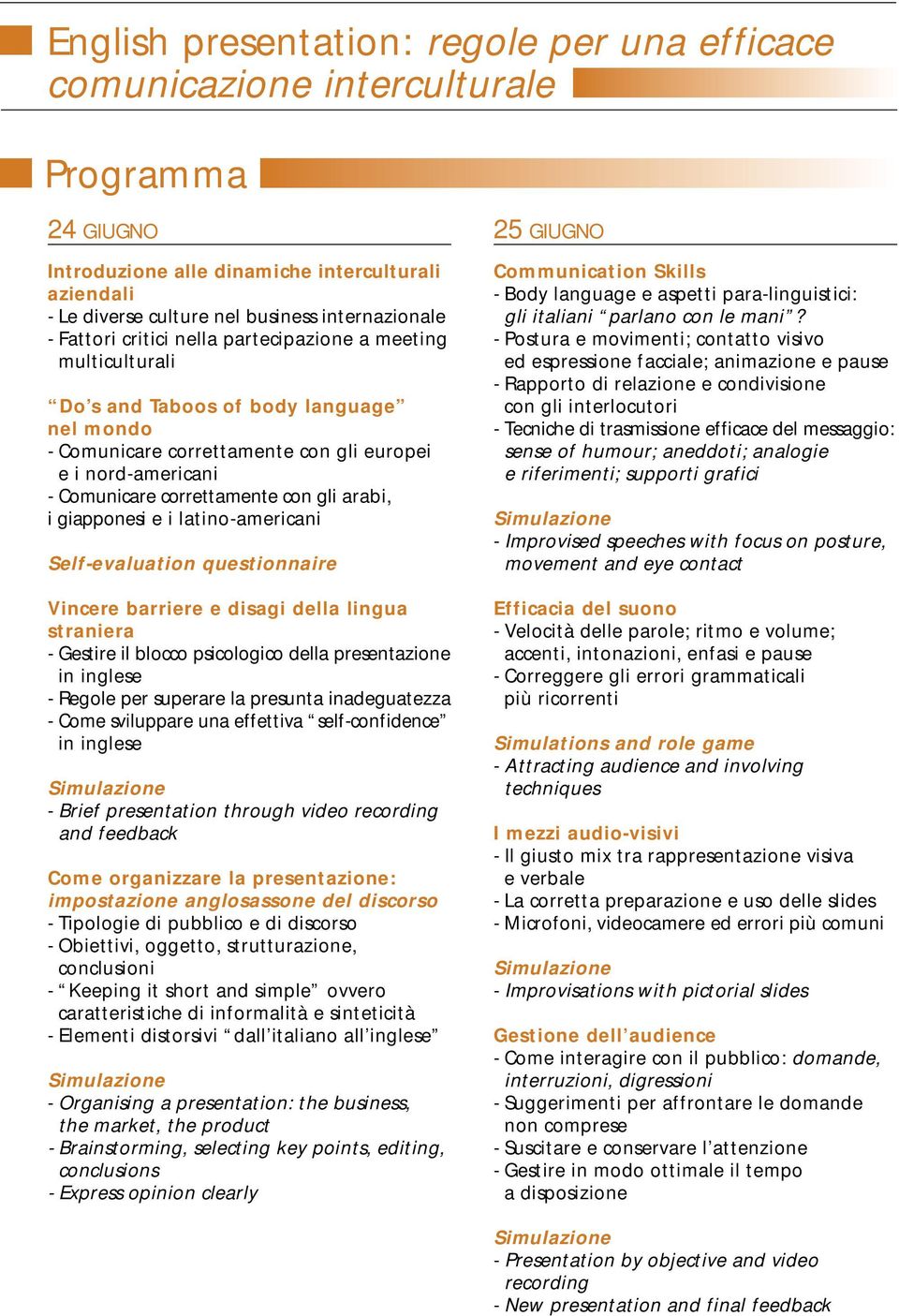 e i latino-americani Self-evaluation questionnaire Vincere barriere e disagi della lingua straniera - Gestire il blocco psicologico della presentazione in inglese - Regole per superare la presunta