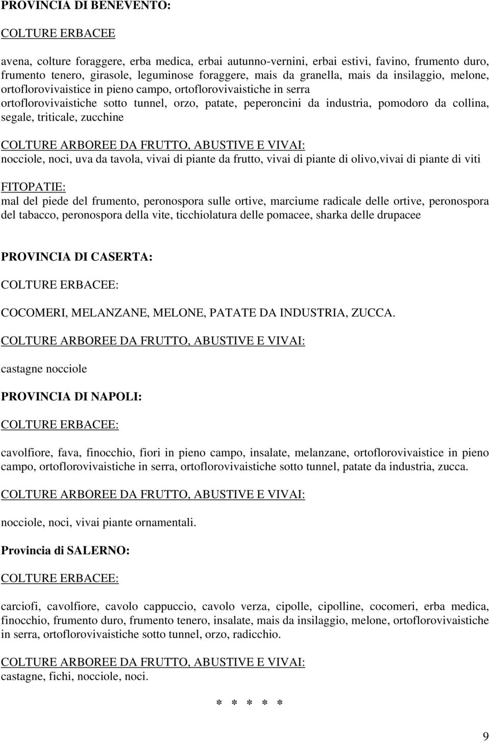 segale, triticale, zucchine COLTURE ARBOREE DA FRUTTO, ABUSTIVE E VIVAI: nocciole, noci, uva da tavola, vivai di piante da frutto, vivai di piante di olivo,vivai di piante di viti FITOPATIE: mal del