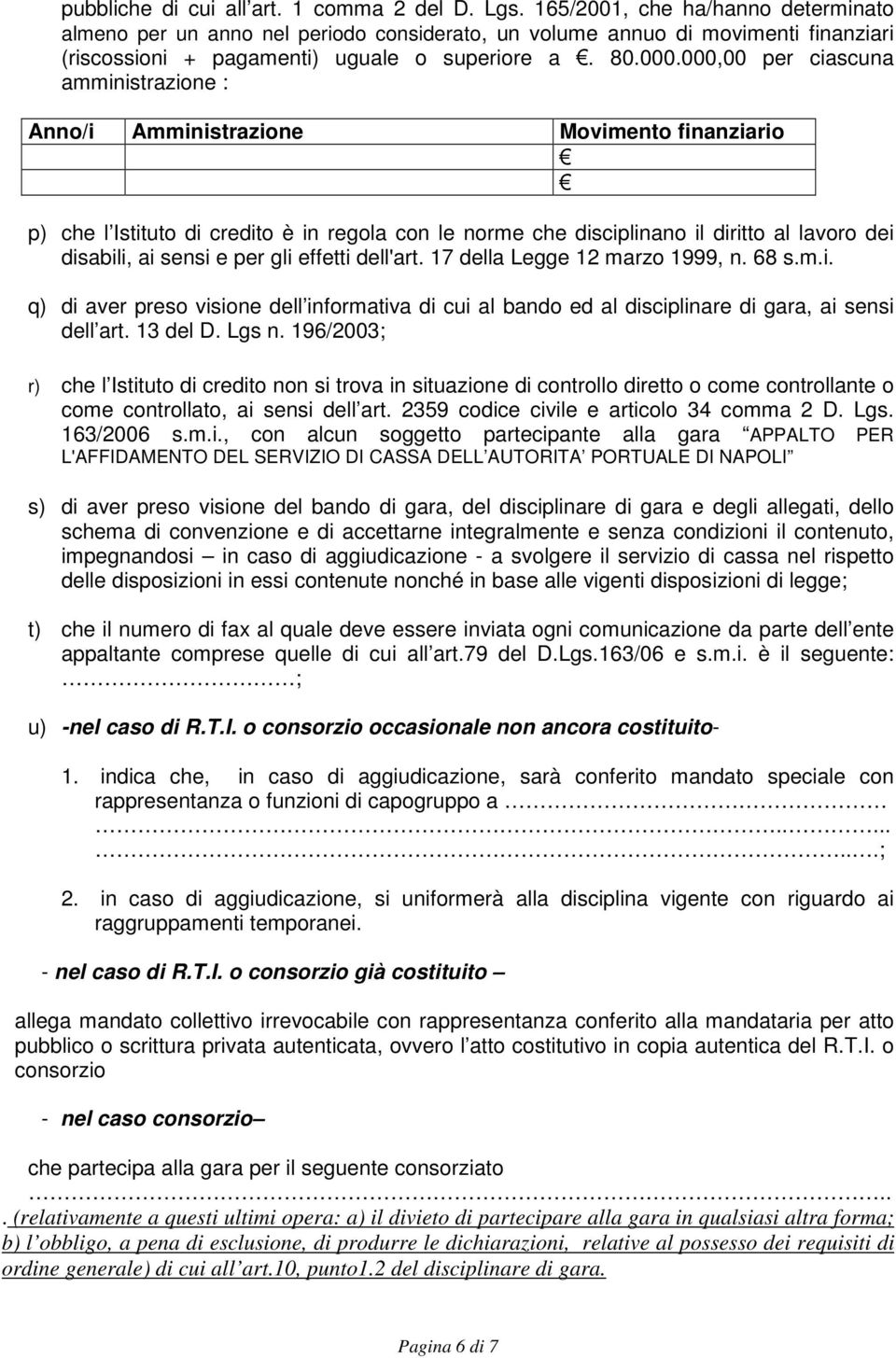 000,00 per ciascuna amministrazione : Anno/i Amministrazione Movimento finanziario p) che l Istituto di credito è in regola con le norme che disciplinano il diritto al lavoro dei disabili, ai sensi e