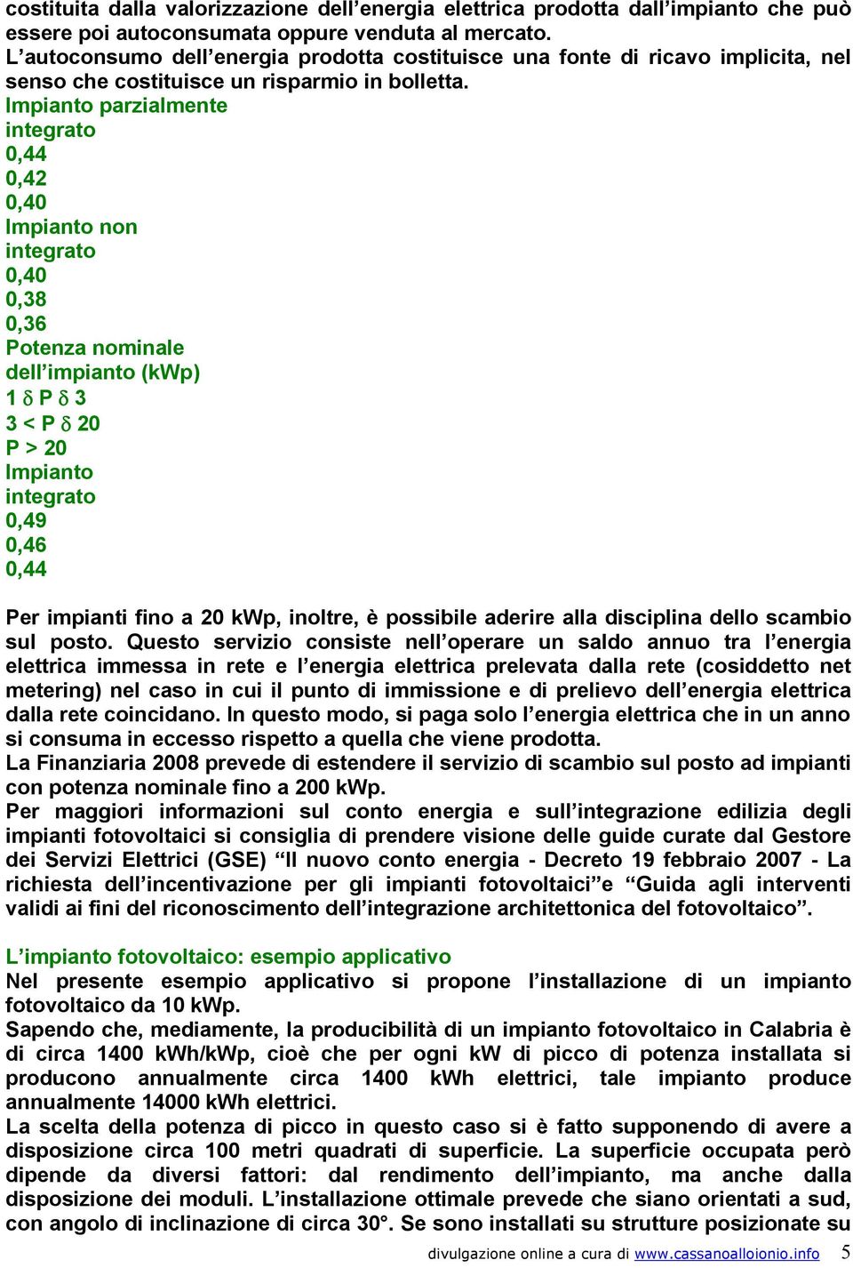 Impianto parzialmente integrato 0,44 0,42 0,40 Impianto non integrato 0,40 0,38 0,36 Potenza nominale dell impianto (kwp) 1 δ P δ 3 3 < P δ 20 P > 20 Impianto integrato 0,49 0,46 0,44 Per impianti