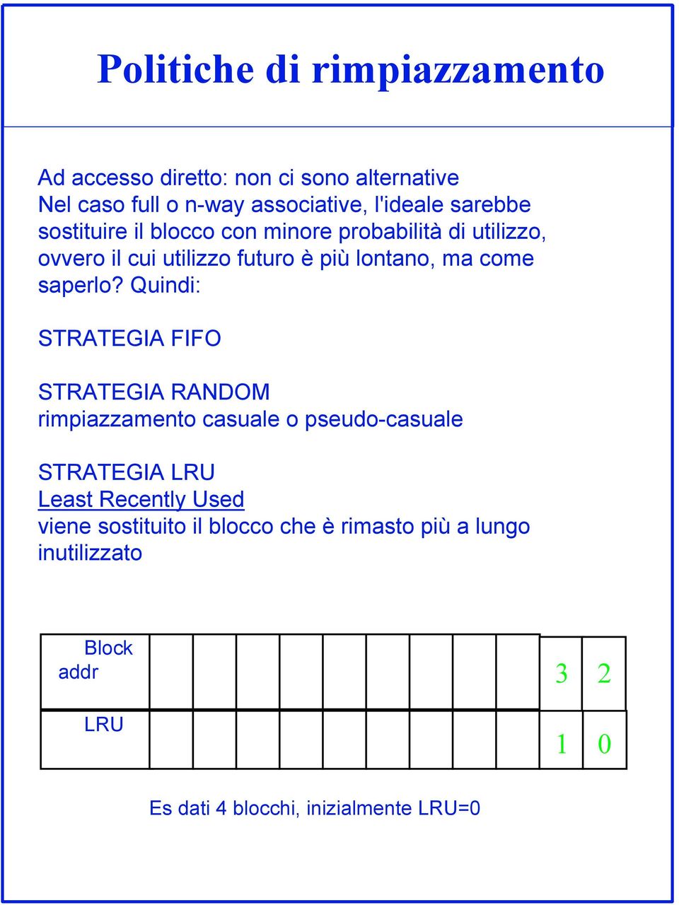 Quindi: STRATEGIA FIFO STRATEGIA RANDOM rimpiazzamento casuale o pseudo-casuale STRATEGIA LRU Least Recently Used viene