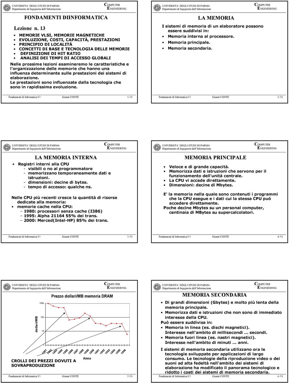 GLOBALI Nelle prossime lezioni esamineremo le caraerisiche e l'organizzazione delle memorie che hanno una influenza deerminane sulle presazioni dei sisemi di elaborazione.