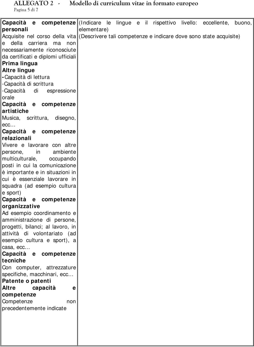 altre persone, in ambiente multiculturale, occupando posti in cui la comunicazione è importante e in situazioni in cui è essenziale lavorare in squadra (ad esempio cultura e sport) Capacità e