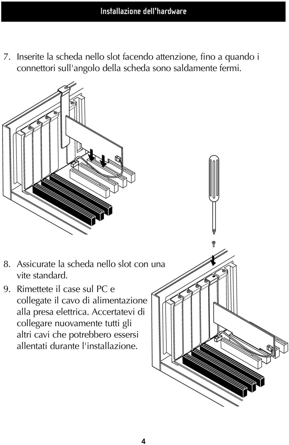 sono saldamente fermi. 8. Assicurate la scheda nello slot con una vite standard. 9.