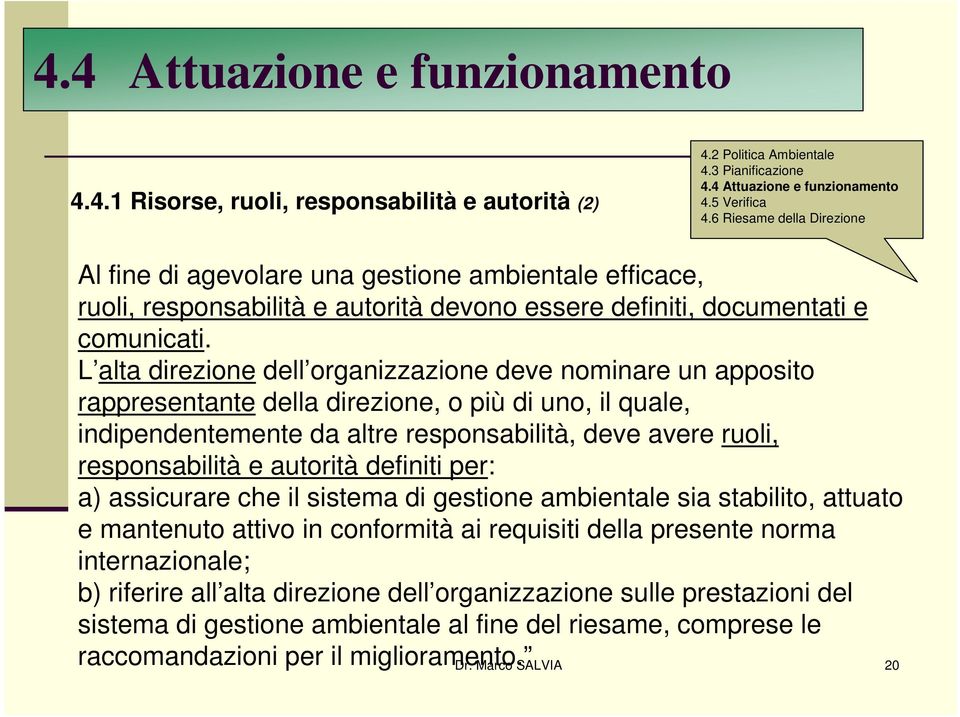 responsabilità e autorità definiti per: a) assicurare che il sistema di gestione ambientale sia stabilito, attuato e mantenuto attivo in conformità ai requisiti della presente norma