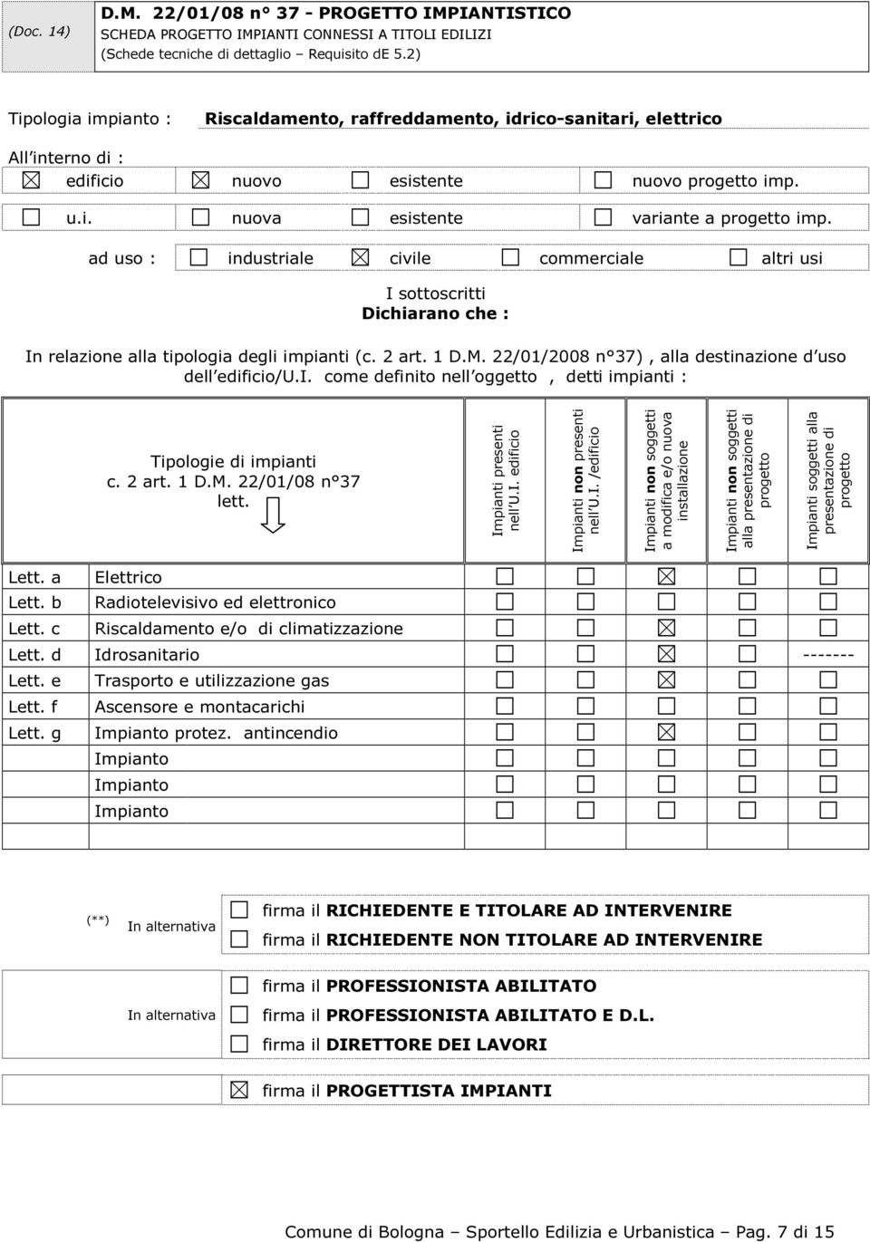 ad uso : industriale civile commerciale altri usi I sottoscritti Dichiarano che : In relazione alla tipologia degli impianti (c. 2 art. 1 D.M.