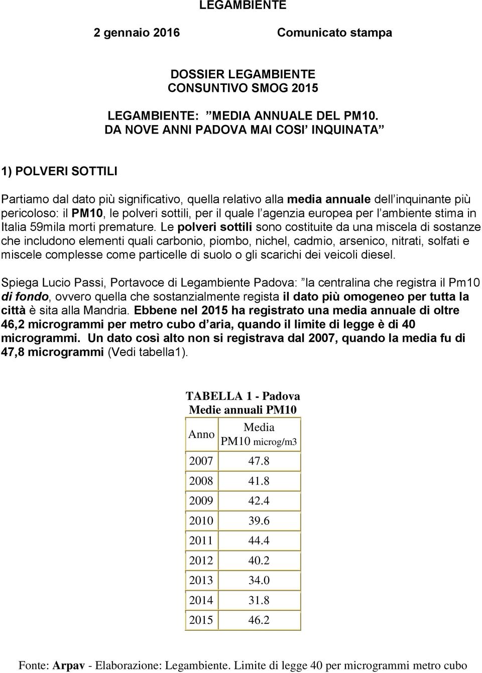 quale l agenzia europea per l ambiente stima in Italia 59mila morti premature.