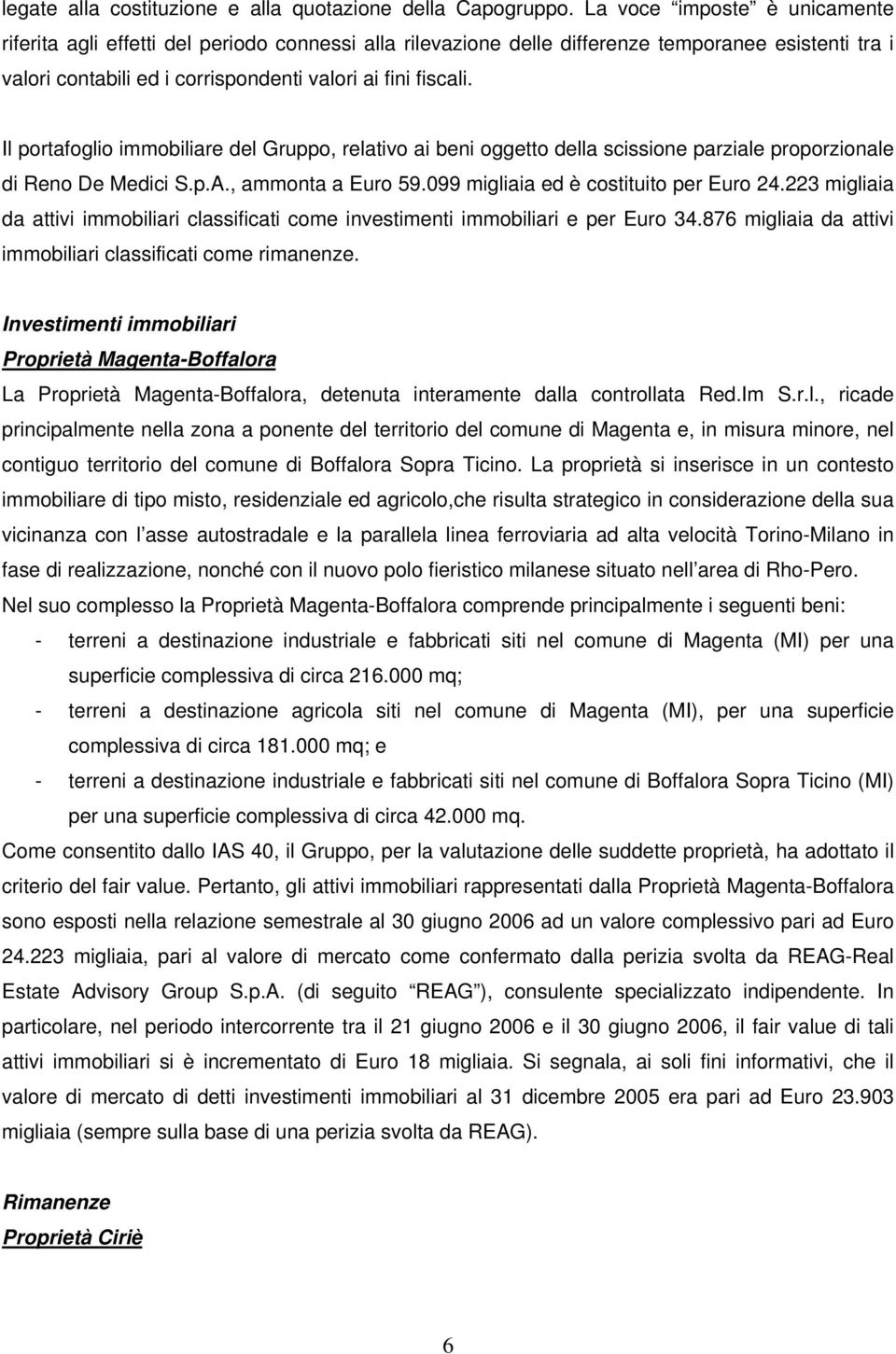 Il portafoglio immobiliare del Gruppo, relativo ai beni oggetto della scissione parziale proporzionale di Reno De Medici S.p.A., ammonta a Euro 59.099 migliaia ed è costituito per Euro 24.