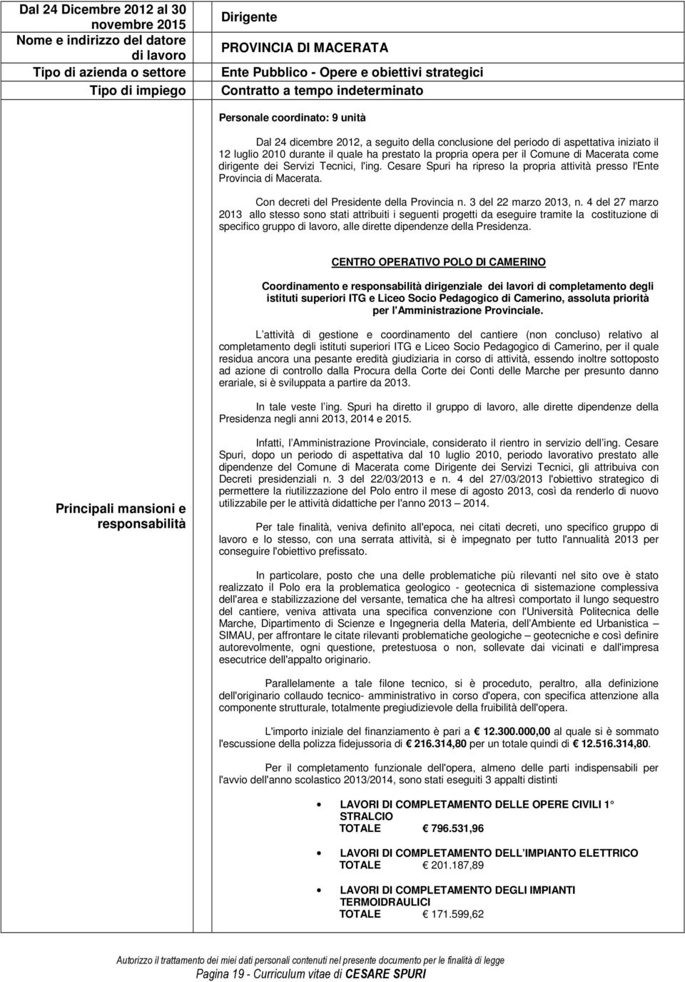 propria opera per il Comune di Macerata come dirigente dei Servizi Tecnici, l'ing. Cesare Spuri ha ripreso la propria attività presso l'ente Provincia di Macerata.