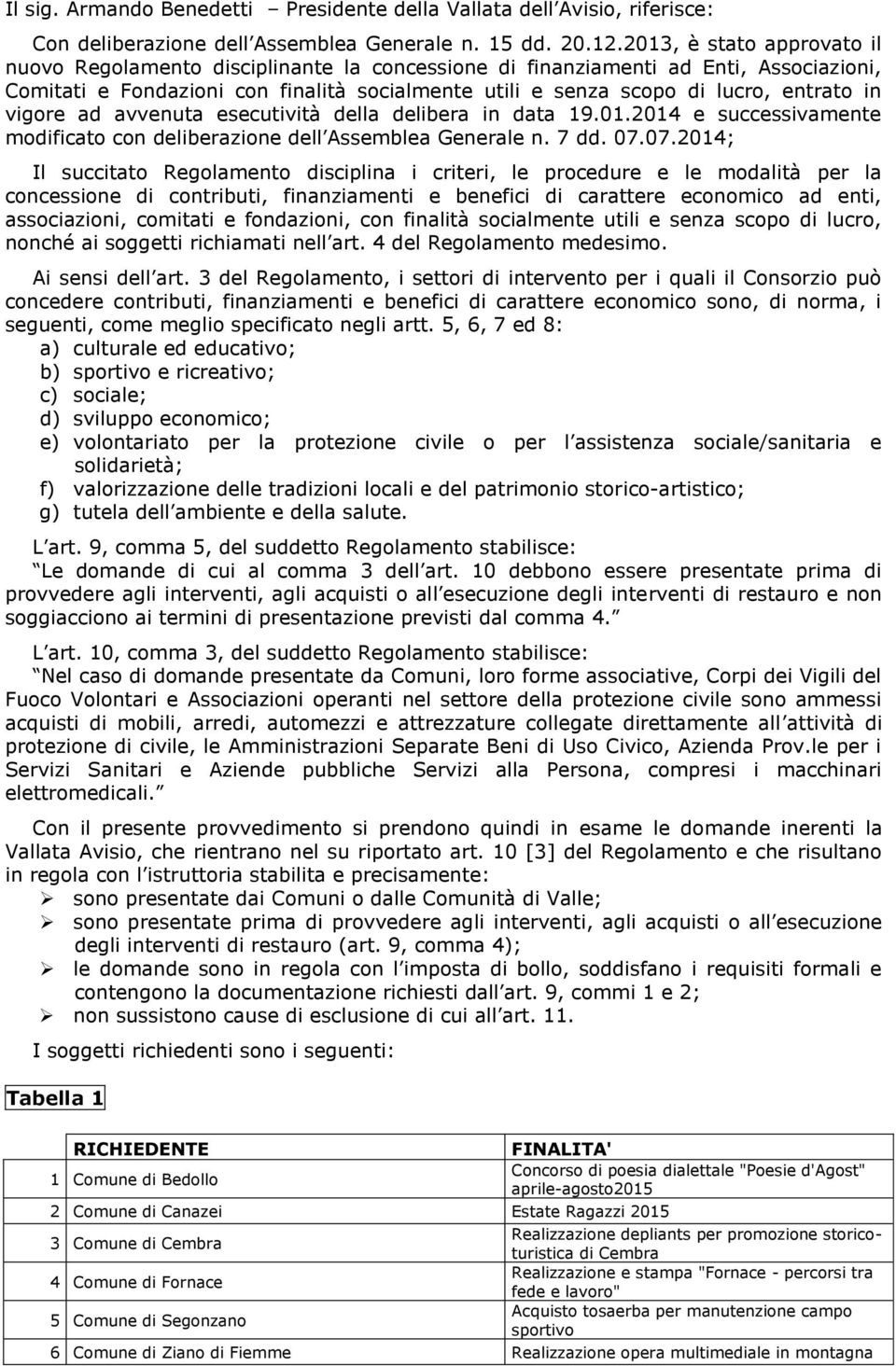 in vigore ad avvenuta esecutività della delibera in data 19.01.2014 e successivamente modificato con deliberazione dell Assemblea Generale n. 7 dd. 07.