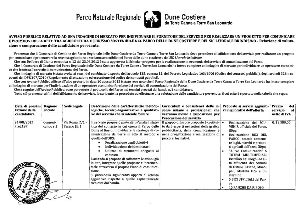 PROMUOVERE LA RETE TRA AGRICOLTURA E TURISMO SOSTENIBILE NEL PARCO DELLE DUNE COSTIERE E DEL SIC LITORALE BRINDISINO - Relazione di valutazione e comparazione delle candidature pervenute.