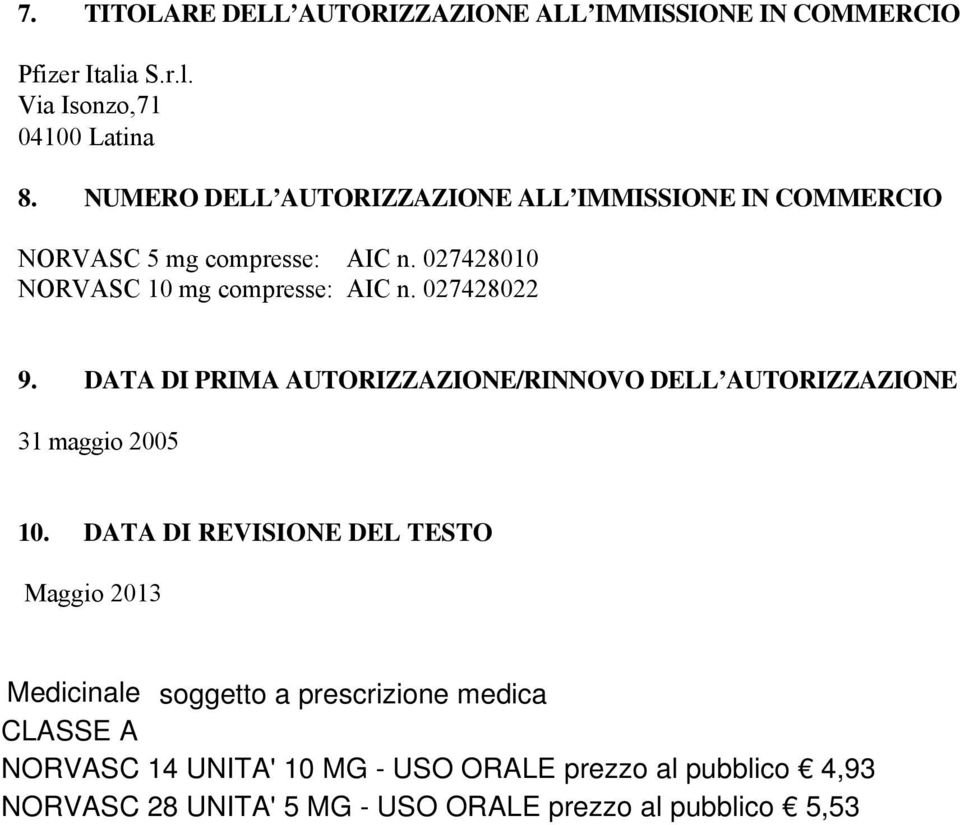 NUMERO DELL AUTORIZZAZIONE ALL IMMISSIONE IN COMMERCIO NORVASC 5 mg compresse: AIC n.