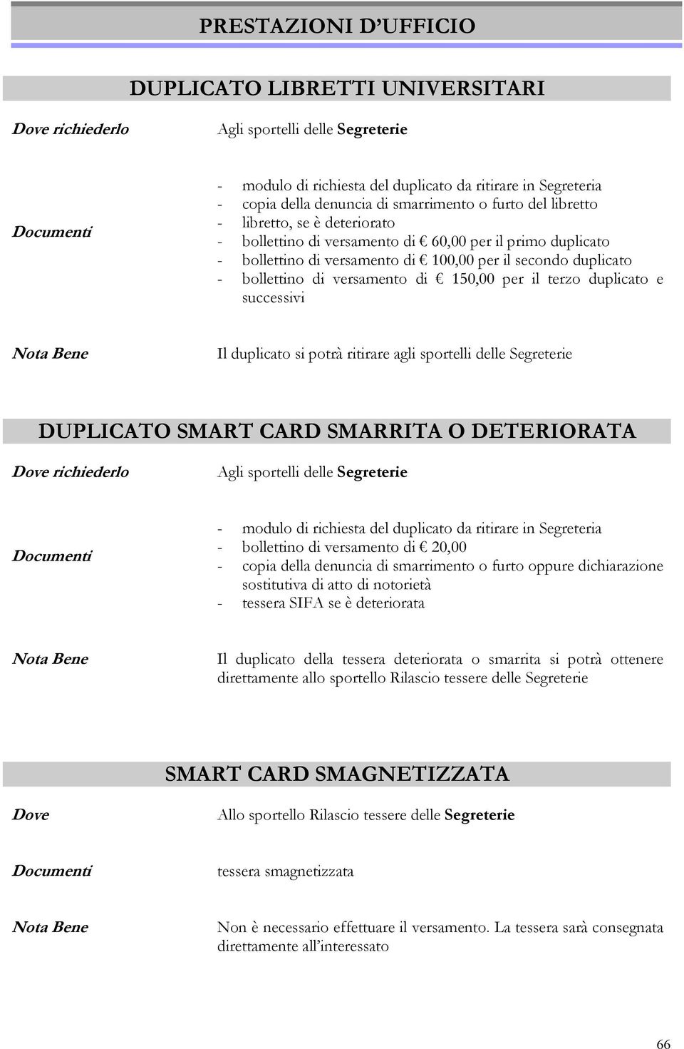 di versamento di 150,00 per il terzo duplicato e successivi Nota Bene Il duplicato si potrà ritirare agli sportelli delle Segreterie DUPLICATO SMART CARD SMARRITA O DETERIORATA Dove richiederlo Agli