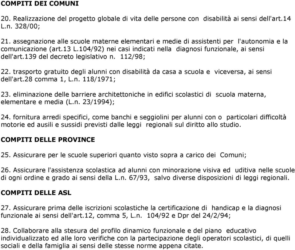 139 del decreto legislativo n. 112/98; 22. trasporto gratuito degli alunni con disabilità da casa a scuola e viceversa, ai sensi dell'art.28 comma 1, L.n. 118/1971; 23.