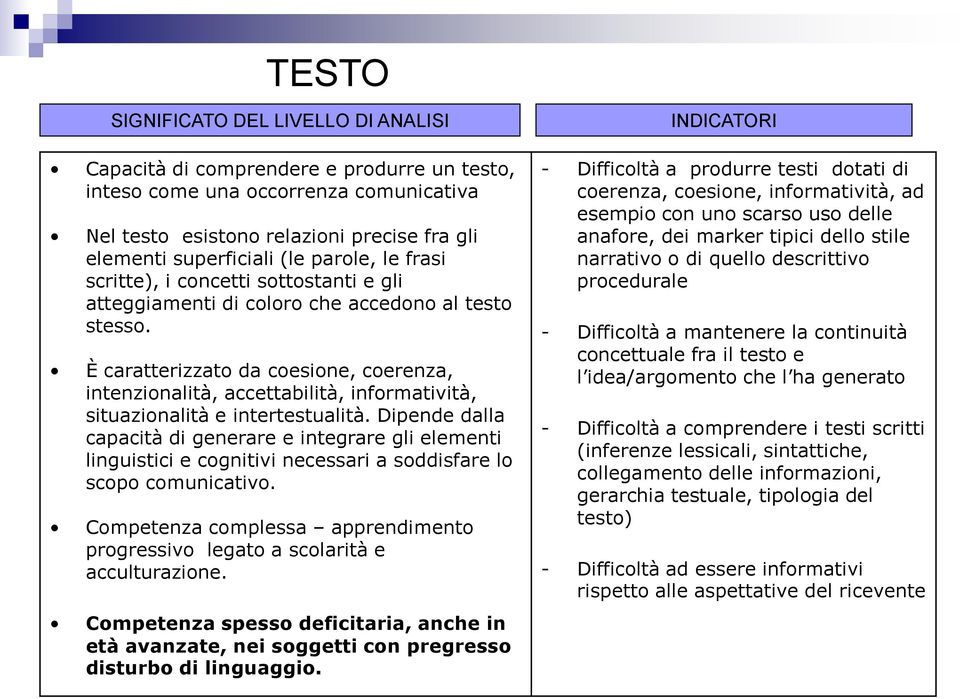 È caratterizzato da coesione, coerenza, intenzionalità, accettabilità, informatività, situazionalità e intertestualità.