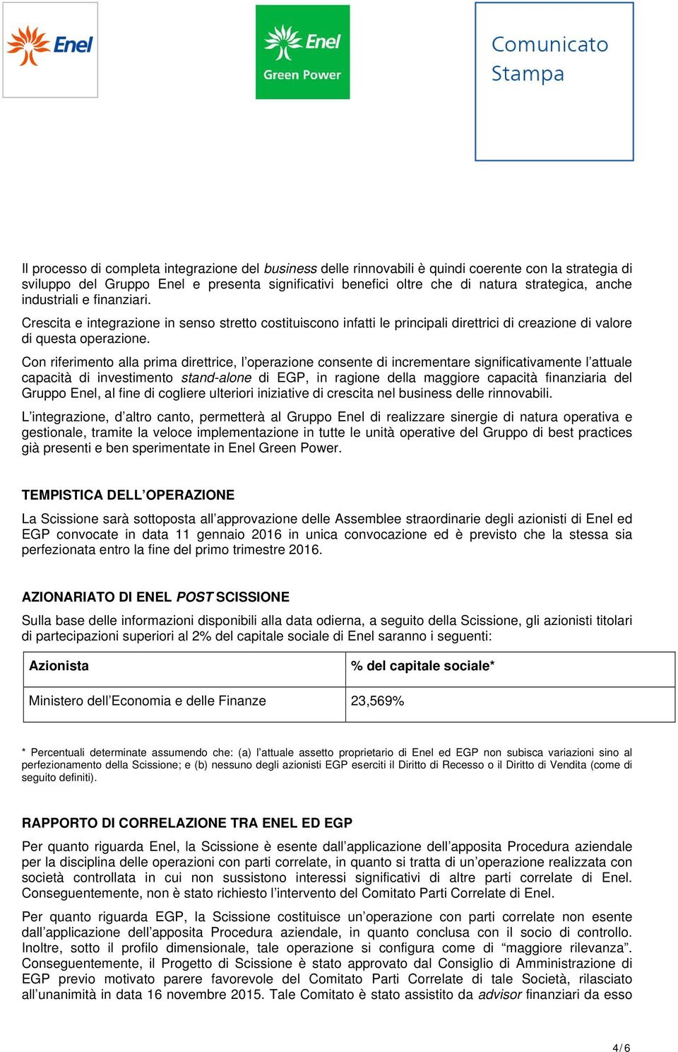 Con riferimento alla prima direttrice, l operazione consente di incrementare significativamente l attuale capacità di investimento stand-alone di EGP, in ragione della maggiore capacità finanziaria