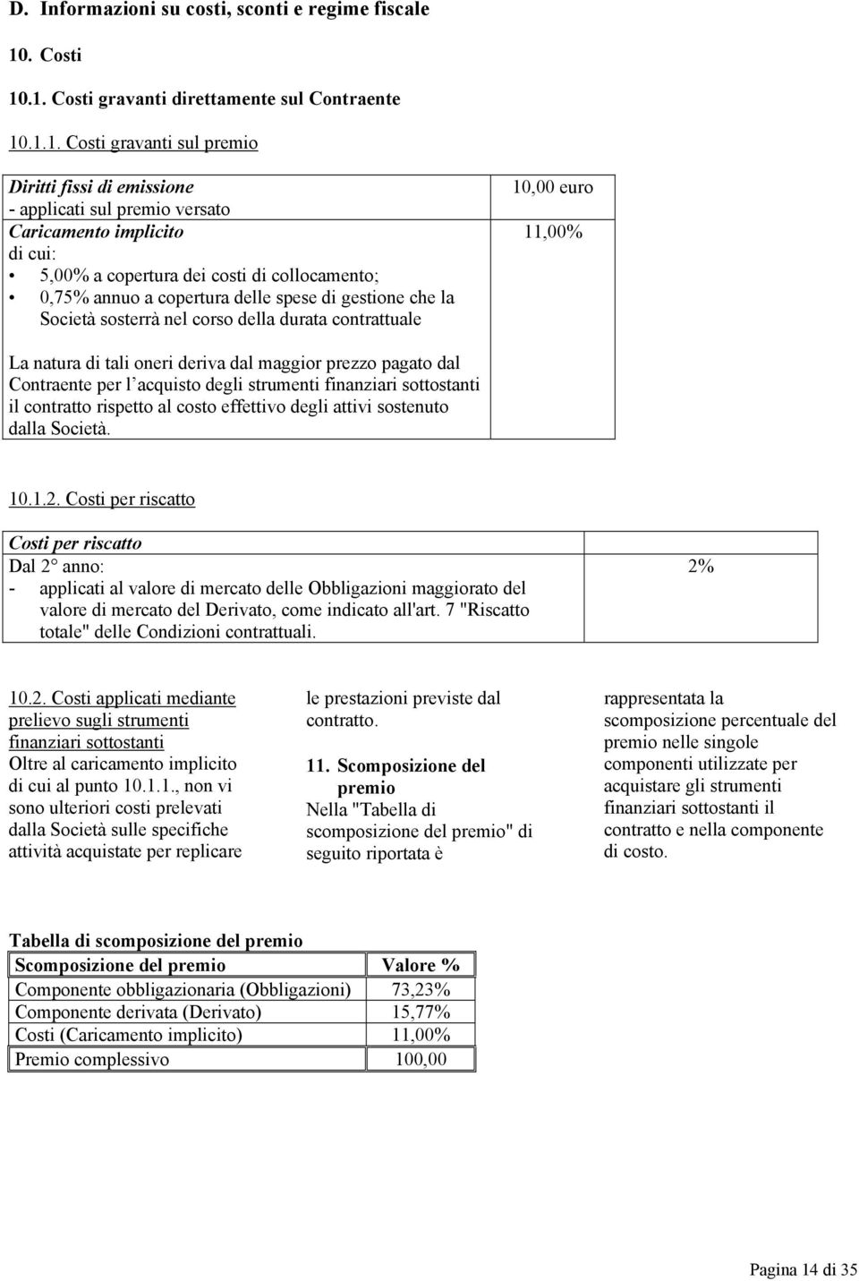 .1. Costi gravanti direttamente sul Contraente 10.1.1. Costi gravanti sul premio Diritti fissi di emissione - applicati sul premio versato Caricamento implicito di cui: 5,00% a copertura dei costi di