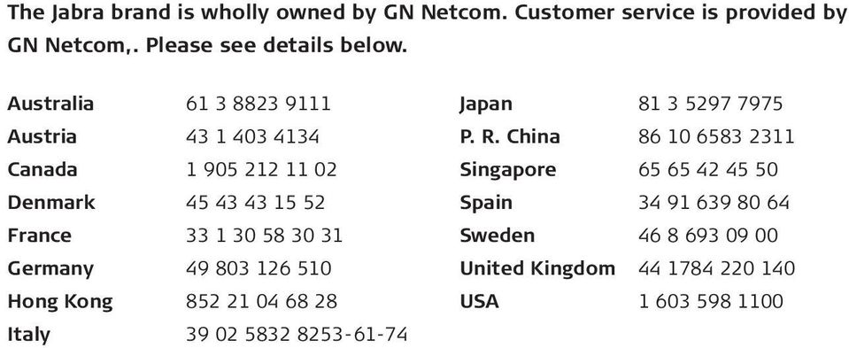 Germany 49 803 126 510 Hong Kong 852 21 04 68 28 Italy 39 02 5832 8253-61-74 Japan 81 3 5297 7975 P. R.