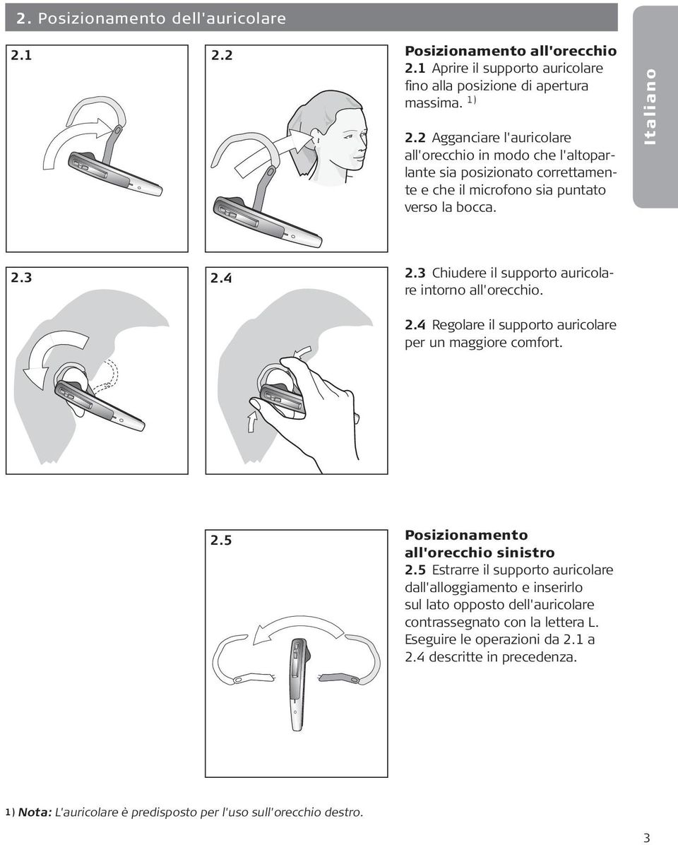 3 Chiudere il supporto auricolare intorno all'orecchio. 2.4 Regolare il supporto auricolare per un maggiore comfort. 2.5 Posizionamento all'orecchio sinistro 2.