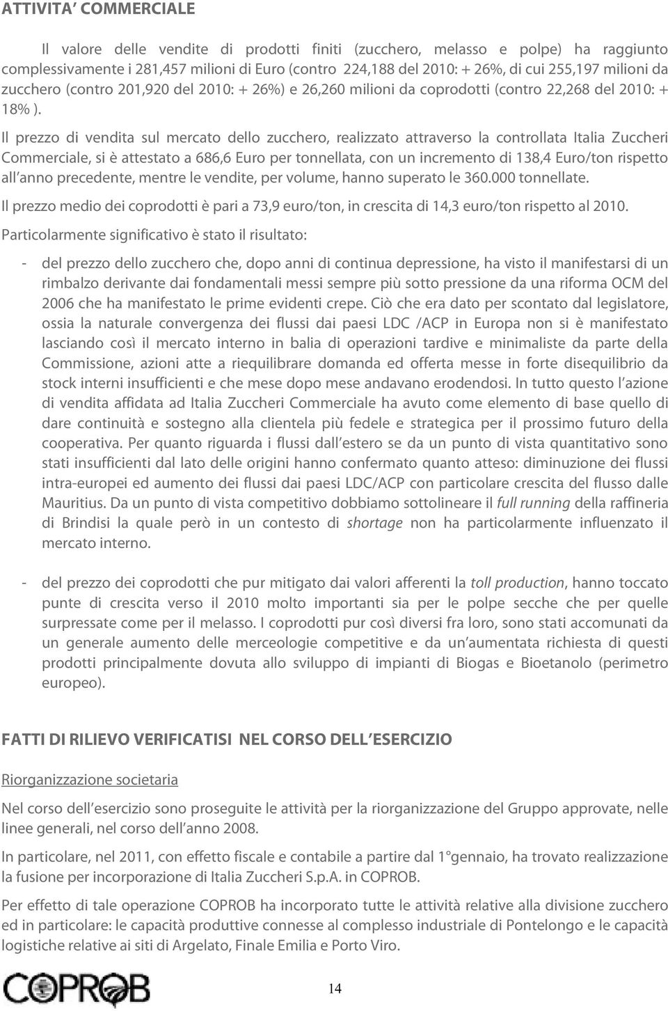 Il prezzo di vendita sul mercato dello zucchero, realizzato attraverso la controllata Italia Zuccheri Commerciale, si è attestato a 686,6 Euro per tonnellata, con un incremento di 138,4 Euro/ton