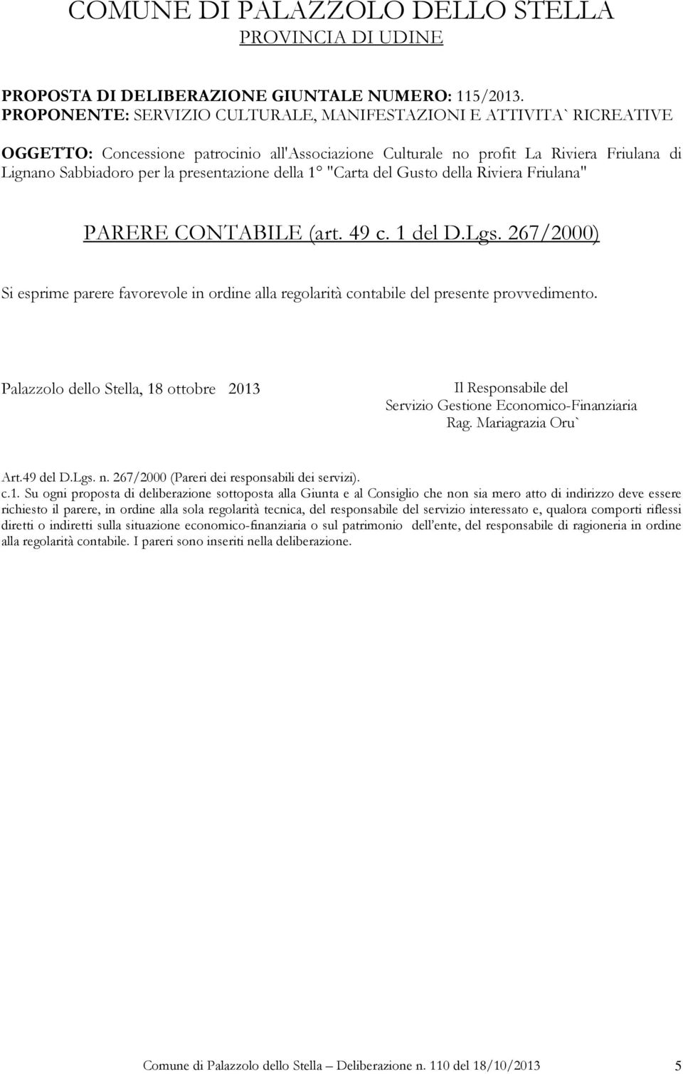 presentazione della 1 "Carta del Gusto della Riviera Friulana" PARERE CONTABILE (art. 49 c. 1 del D.Lgs.