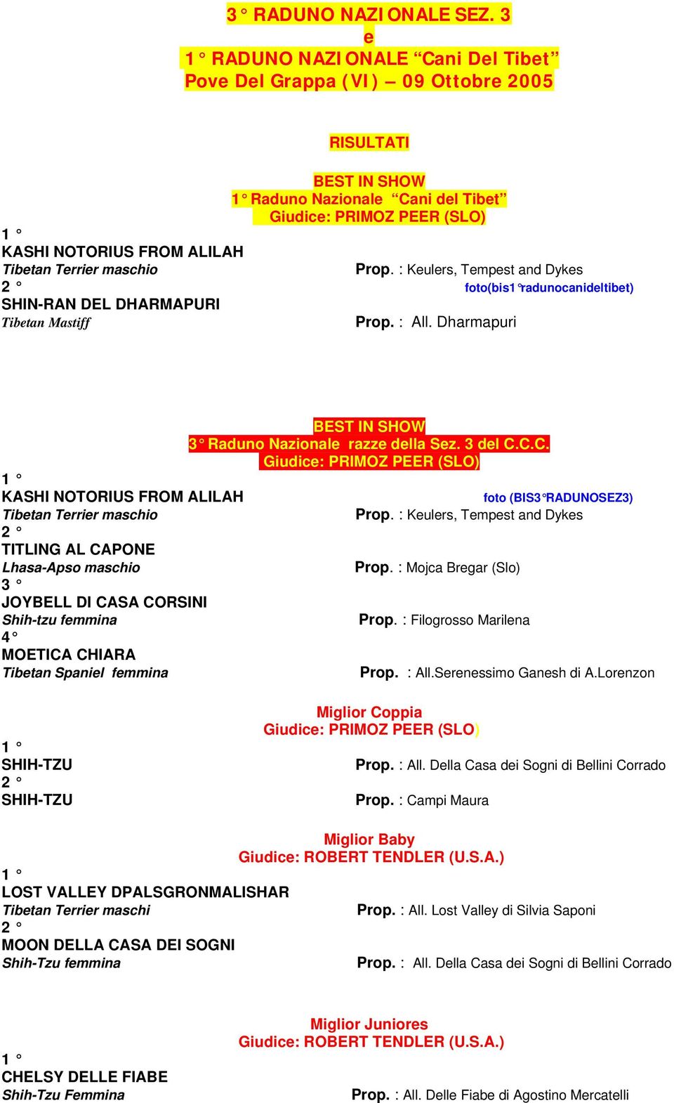 DHARMAPURI Tibetan Mastiff Prop. : All. Dharmapuri BEST IN SHOW 3 Raduno Nazionale razze della Sez. 3 del C.C.C. foto (BIS3 RADUNOSEZ3) Tibetan Terrier maschio TITLING AL CAPONE Lhasa-Apso maschio Prop.