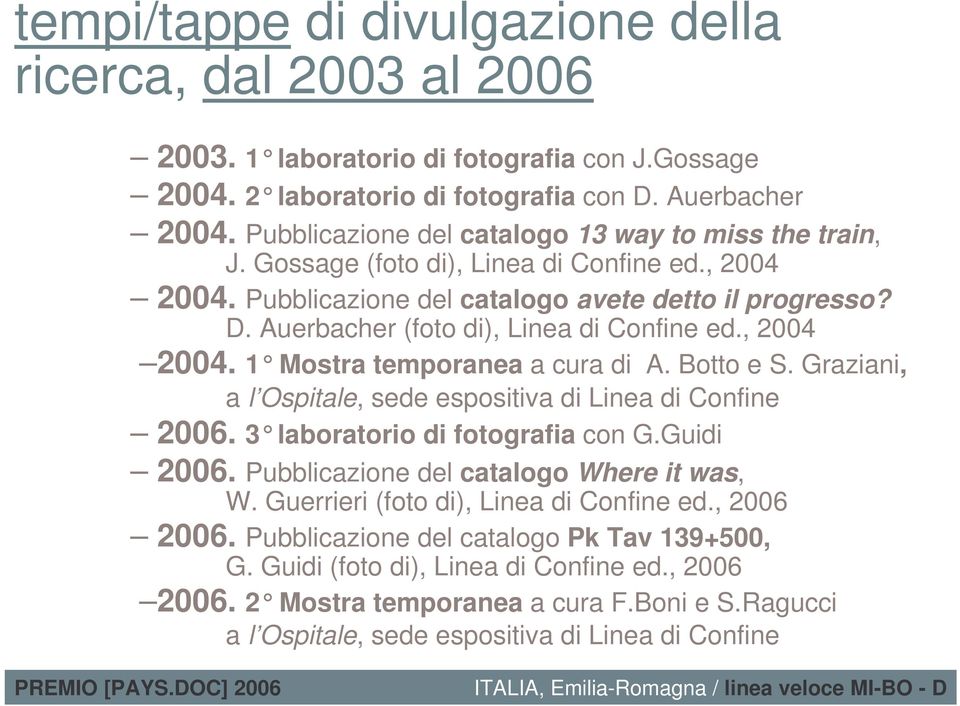 Auerbacher (foto di), Linea di Confine ed., 2004 2004. 1 Mostra temporanea a cura di A. Botto e S. Graziani, a l Ospitale, sede espositiva di Linea di Confine 2006. 3 laboratorio di fotografia con G.