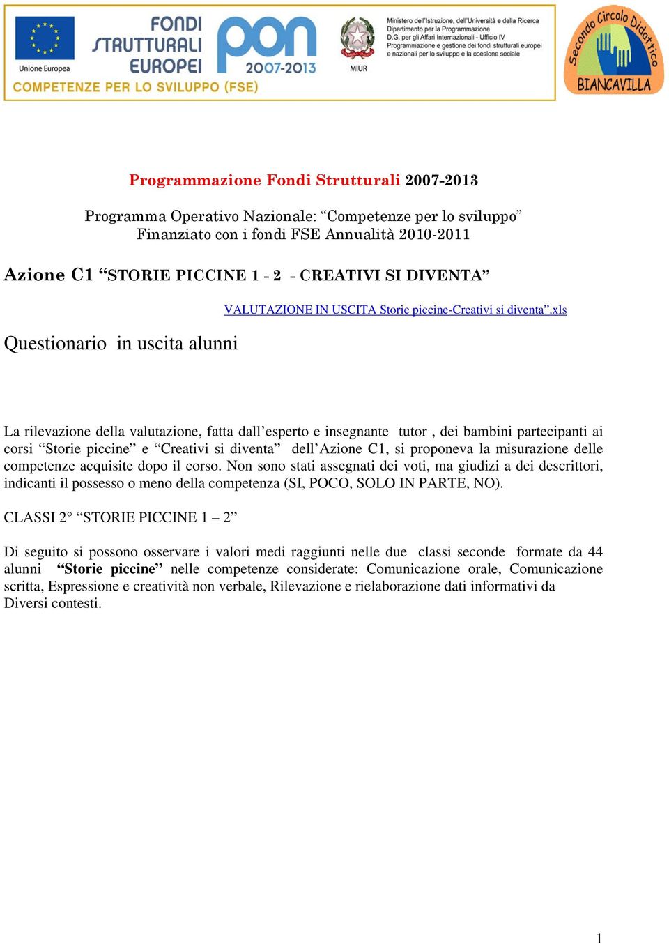 xls La rilevazione della valutazione, fatta dall esperto e insegnante tutor, dei bambini partecipanti ai corsi Storie piccine e Creativi si diventa dell Azione C1, si proponeva la misurazione delle